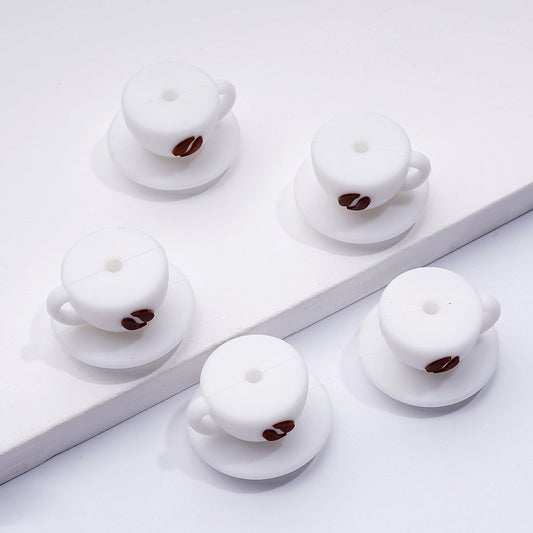 3D Cute White Coffee Cup with Tray Silicone Focal Beads