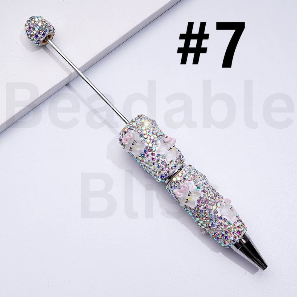 Beadable Clay Pens with Cute HK Kitten with Bows Mini AB Rhinestones Covered the Entire Pen
