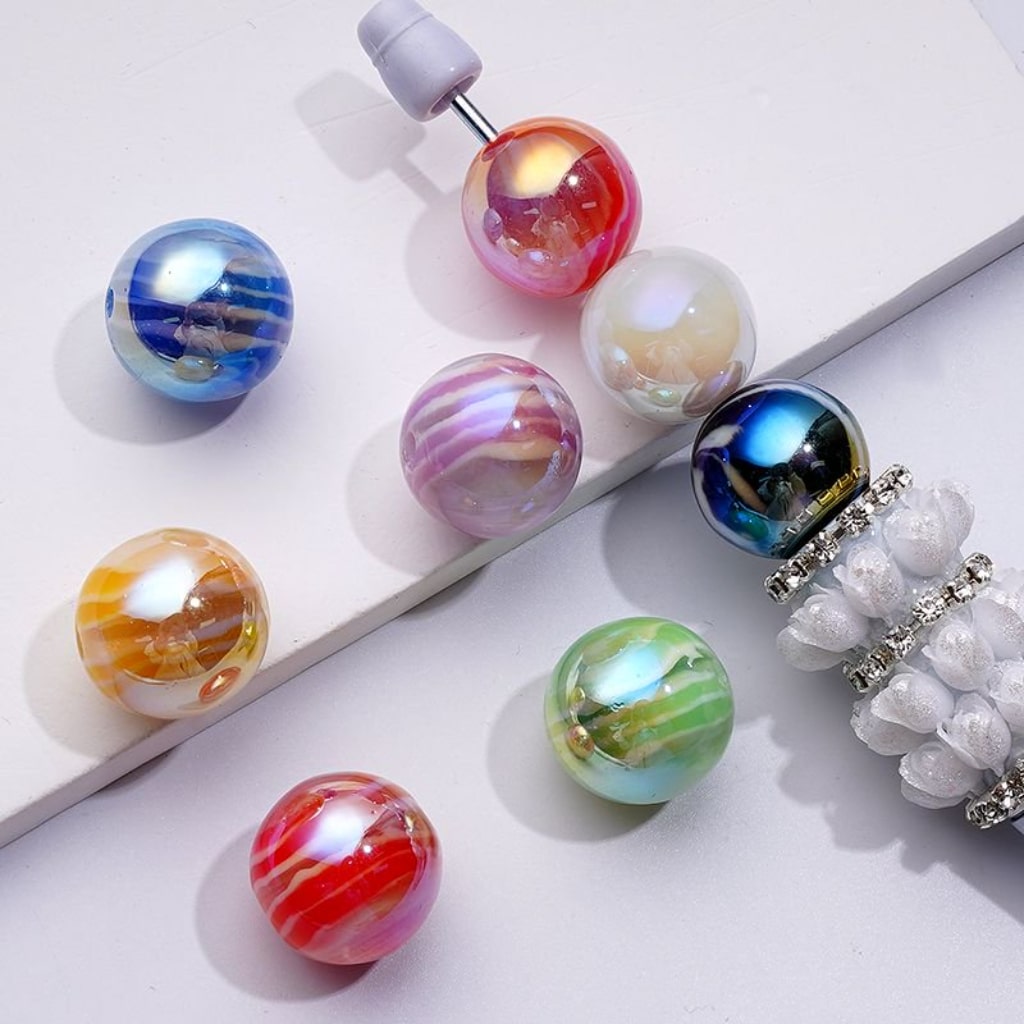 UV Coating Shiny Colorful Art Stripes Round Acrylic Beads, 16MM