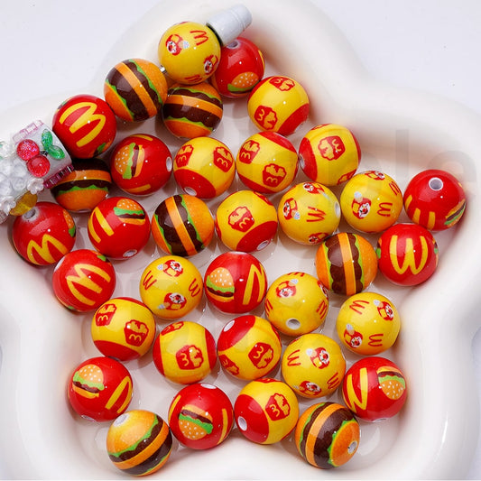 Cute McDonal Fast Food Hamburger French Fries Clown Round Acrylic Beads, 16MM, Random Mix