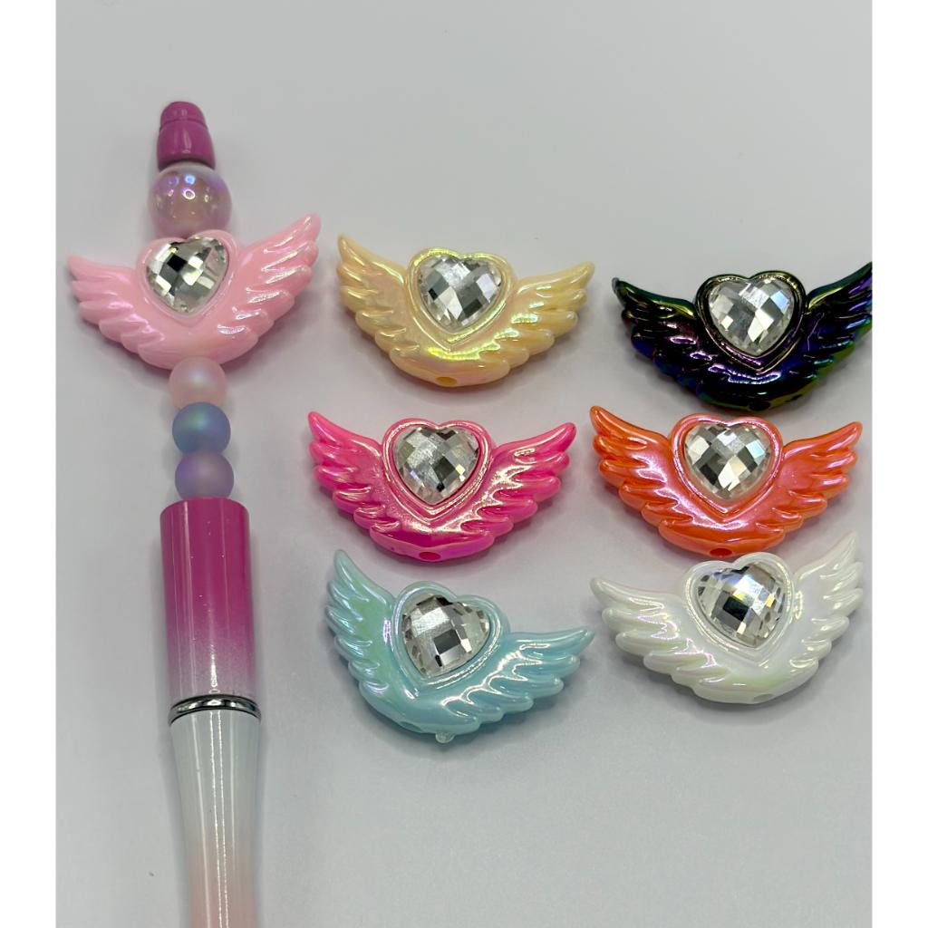 Angel Wings Beads, Decorated with Heart Shape Crystal Rhinestone, Acrylic Beads