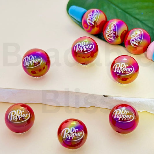 UV Finish Red Dr. Peppe Carbonated Soft Drink Round Acrylic Beads, 16MM