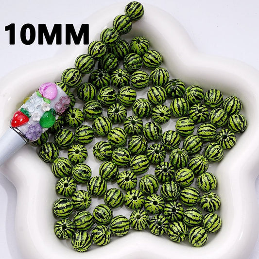 Clear Color Coating Green Watermelon Printed Acrylic Beads, 10MM
