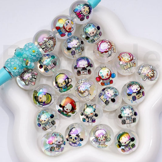 Large UV Coating Cute Girl Moll Pop Mar Clear Round Acrylic Beads, 20MM, Random Mix