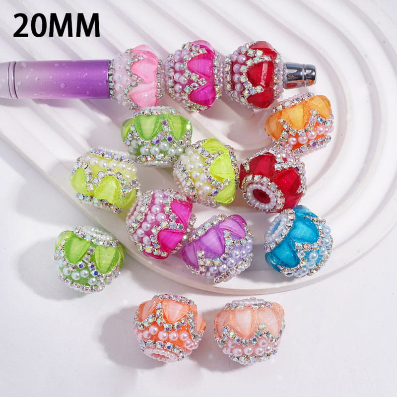 Handcrafted Acrylic Beads with Hearts and AB Rhinestone Chains, White Pearls, Neon Color, 20MM (Please Read Description)