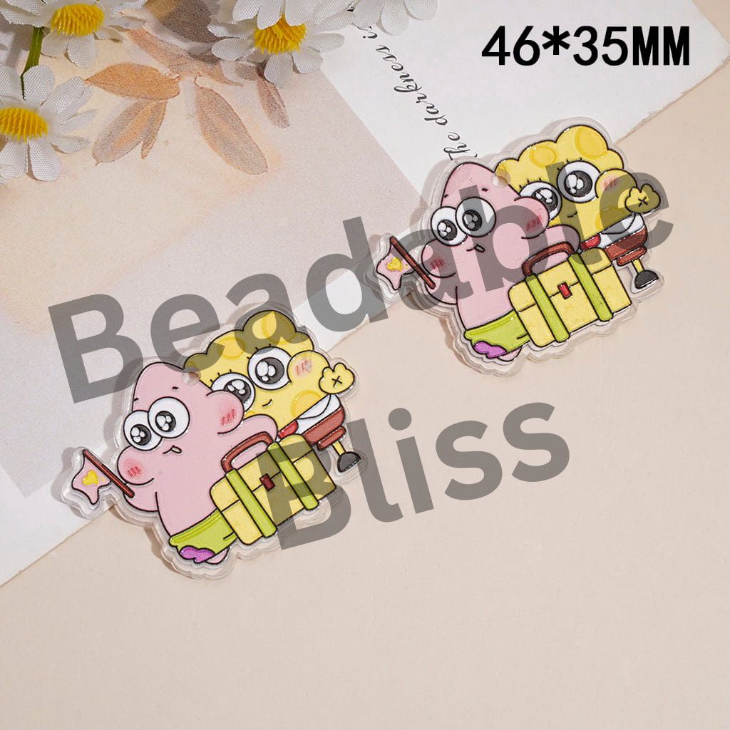 Acrylic Charms Pendant with Starfish Taking Travel Bag and Yellow Sponge Character, Hanging Loop, 46*35MM