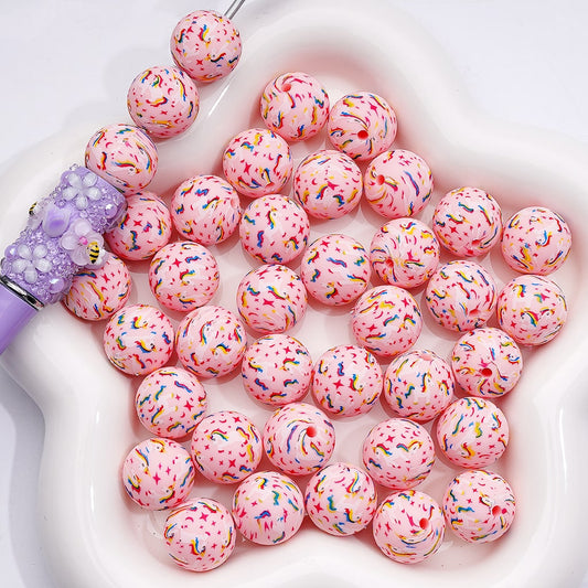 Printed Silicone Beads with Unicorn Star Moon, Mini Pink 15MM