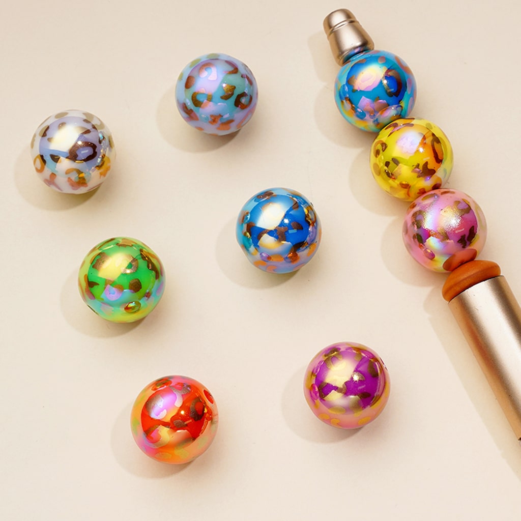 UV Coating Gold Jaguar Print Round Acrylic Beads, Random Mix, 16MM