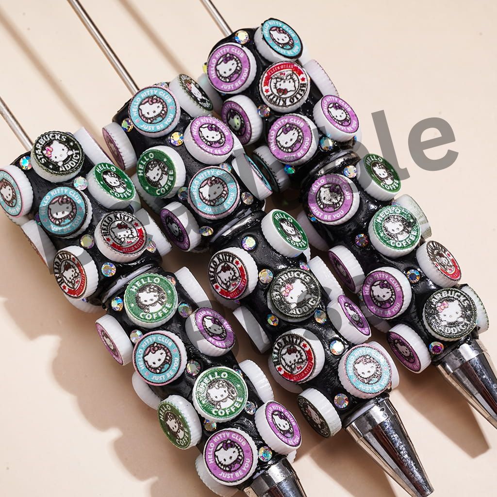 Beadable Clay Pens w Round Cute Cat Character Coffee-Themed Print & AB Rhinestones, Black Base