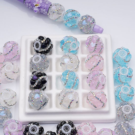 Spiral Style Shiny Hearts AB Rhinestones Chains White Pearls Loop Acrylic Beads, 20MM, Random Mix