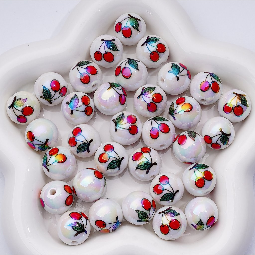 UV Coating Red Cherries Round Acrylic Beads, 16MM
