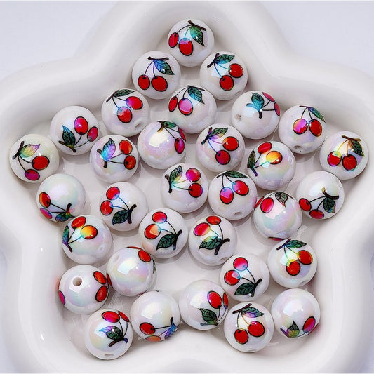 UV Coating Red Cherries Round Acrylic Beads, 16MM