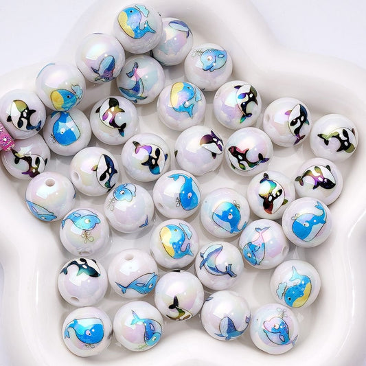 UV Coating Cute Sea Ocean Marine Animals Whales Acrylic Beads, 16MM, Random Mix