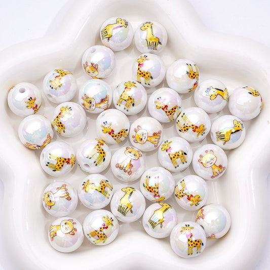UV Coating Cute Giraffe White Round Acrylic Beads, 16MM, Random Mix