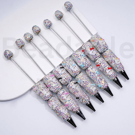 Beadable Clay Pens with Cute HK Kitten with Bows Mini AB Rhinestones Covered the Entire Pen