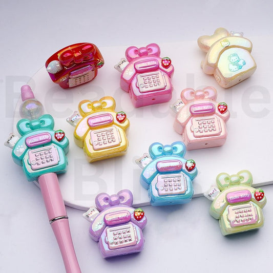 UV Coating Cute Hello Kitt Telephone with Strawberry Bowknot Acrylic Beads, 38*38*18MM, Random Mix
