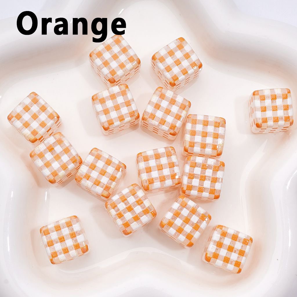 Macaron Color Checkered Clear Cube Square Acrylic Beads, Around 14MM
