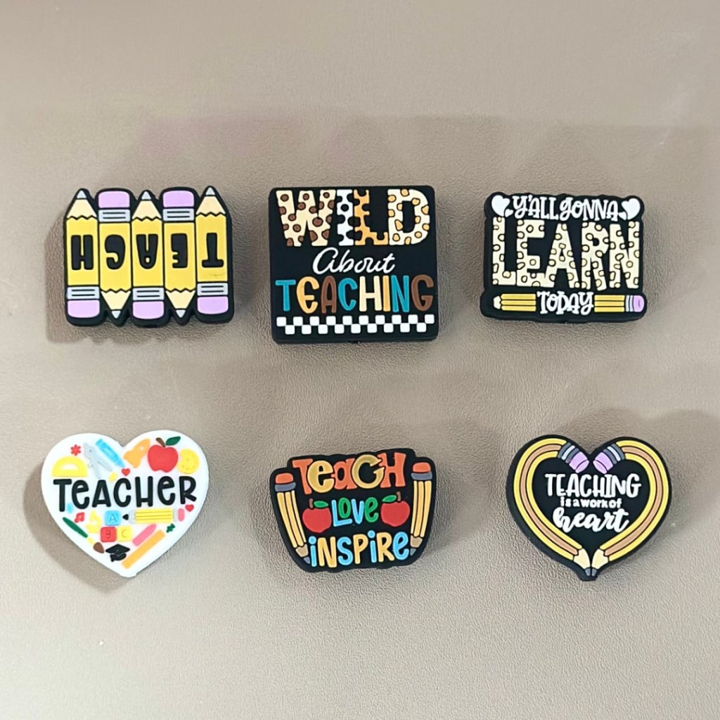 Heart Teacher Teaching is a work of Heart Y'all Gonna Learn Today Wild about Teaching Five Pencils Teach Love Inspire Silicone Focal Beads
