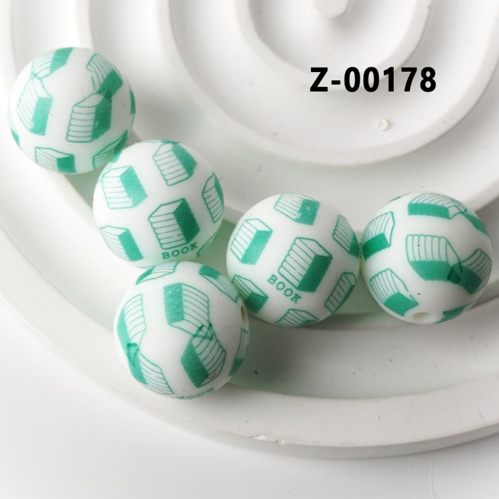 Teal Books Design White Round Printed Silicone Beads 15mm, Number Z-00178