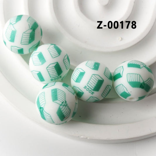 Teal Books Design White Round Printed Silicone Beads 15mm, Number Z-00178