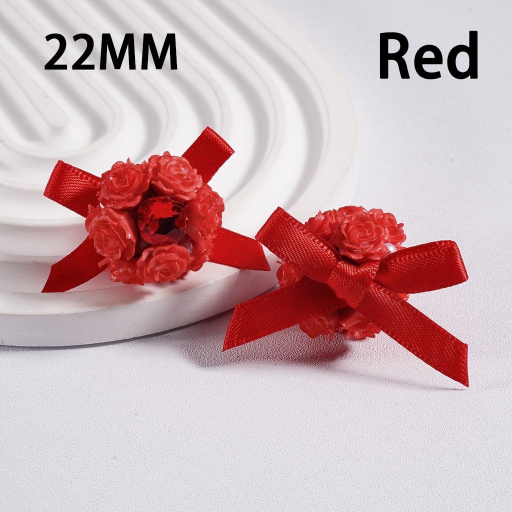 Clay Beads with Luminous Soft Rose Flowers and Shiny Square Rhinestones, White Pearls & Fabric Bowtie Ribbon, 22MM, Multi-Color