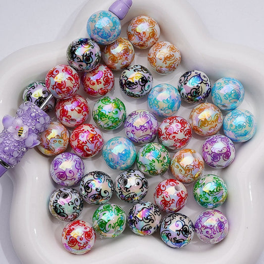 UV Coating Multi-Color Cute Vine White Round Acrylic Beads, 16MM, Random Mix
