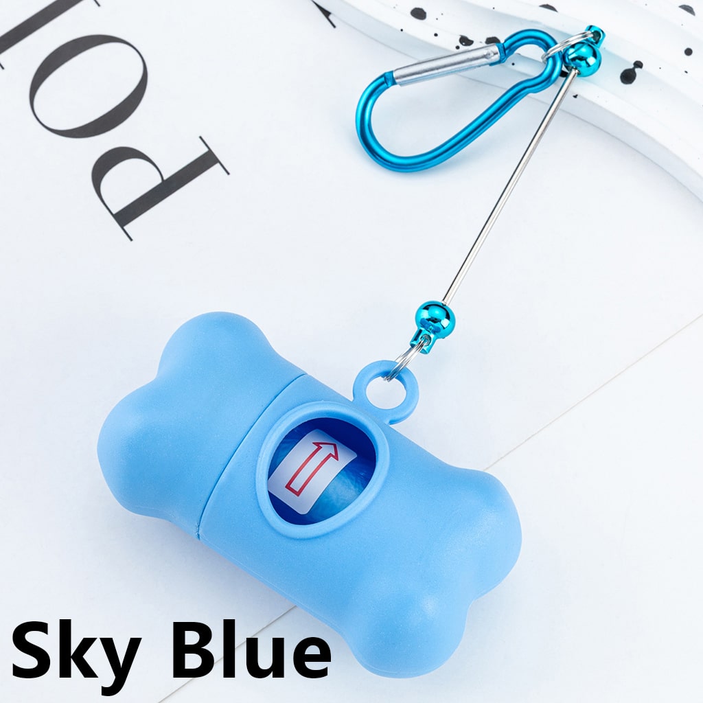 Blue portable hand sanitizer with carabiner on a white background
