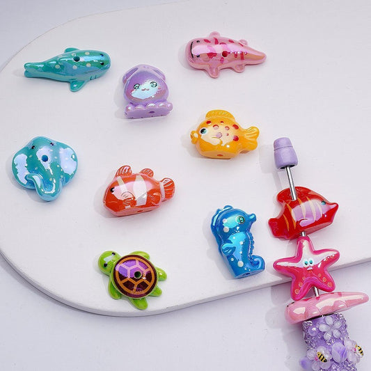 UV Coating Cute Sea Ocean Marine Animlas Clownfish Turtle Sea Horse Ray Star Fish Acrylic Beads, Random Mix