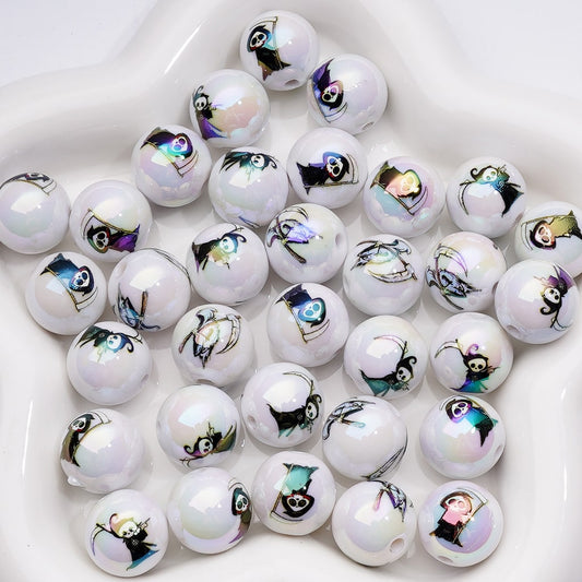 UV Coating Horror Ghost Death with Sickle  Halloween Round Acrylic Beads, 16MM