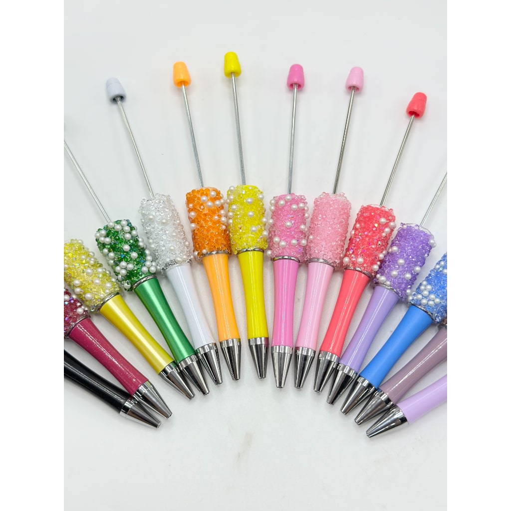 Diamond Shape Clear Rhinestones and White Pearls Beadable Pens in Solid Colors