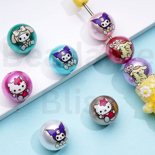 Glossy Shiny Sanri HK Kurom Melod Pom Pom Design Round Acrylic Beads, 16MM, Random Mix