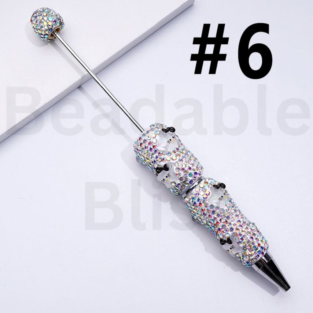 Beadable Clay Pens with Cute HK Kitten with Bows Mini AB Rhinestones Covered the Entire Pen