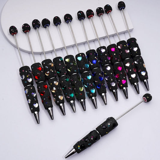 Beadable Clay Pens with Shiny Hearts Mini Colorful Rhinestones Black Snow Balls Covered the Entire Pen