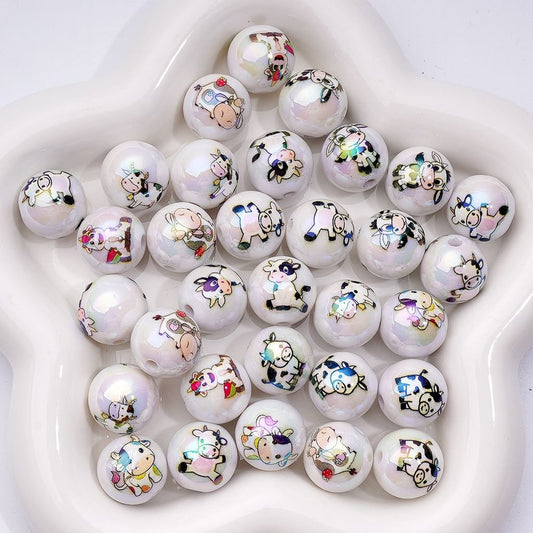 UV Coating Cute Cow White Round Acrylic Beads, 16MM, Random Mix