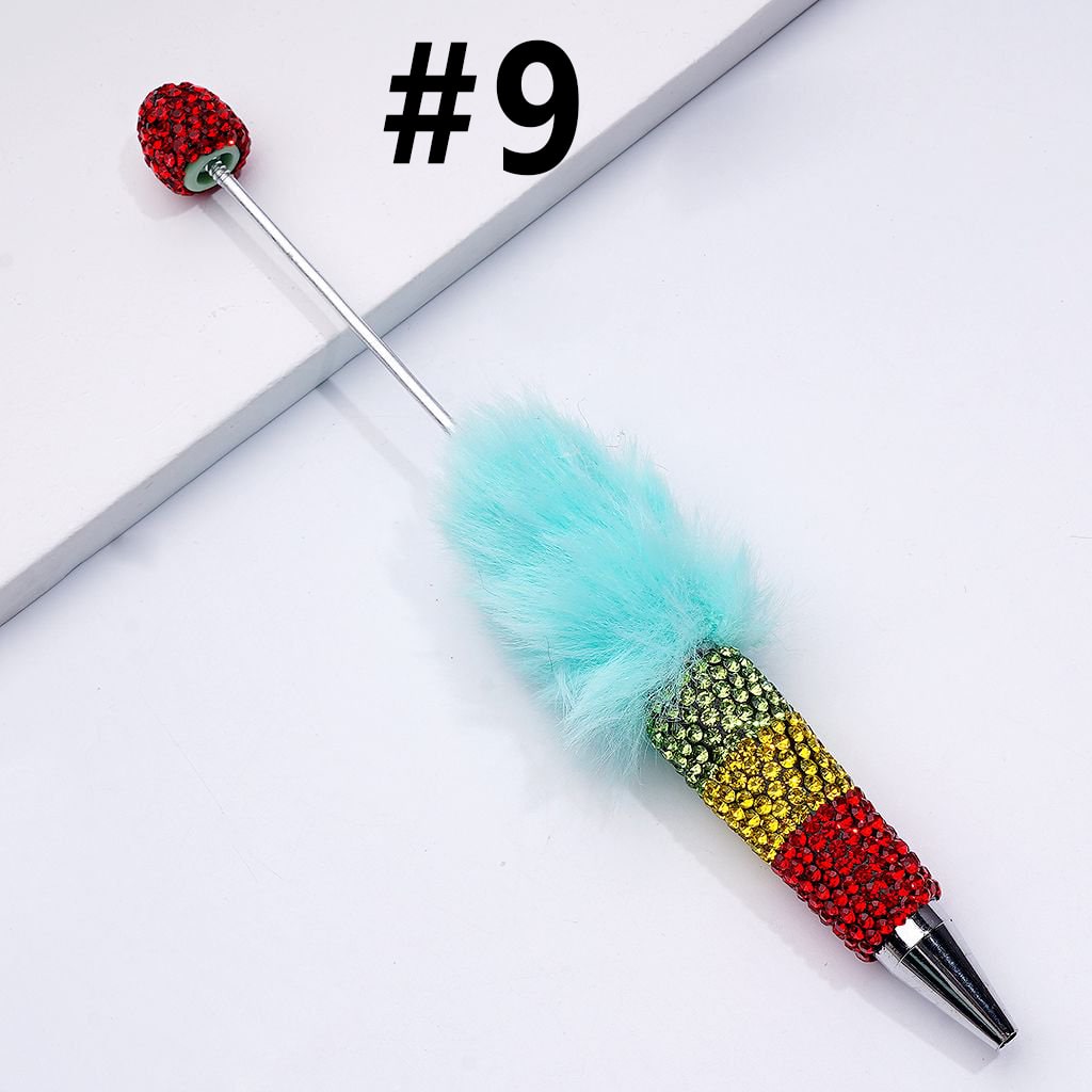 Beadable Clay Pom Pom Pens with Green Yellow Red Shiny Rhinestones Covered the Entire Pen