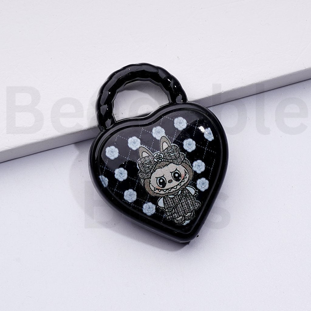 Cute Vivid L-B-B Design Monster Pop Mar Heart Shape Handbag with a Ring Acrylic Beads Pendants, Around 39*30MM