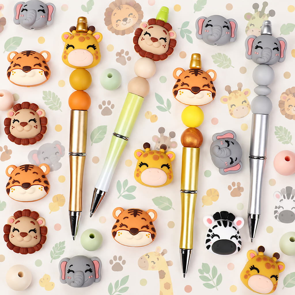3D Cute Animal Head Silicone Focal Beads, Zebra & Tiger & Lion & Elephant & Giraffe