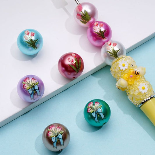 Glossy Shiny Flowers Tulips Design Round Acrylic Beads, 16MM, Random Mix