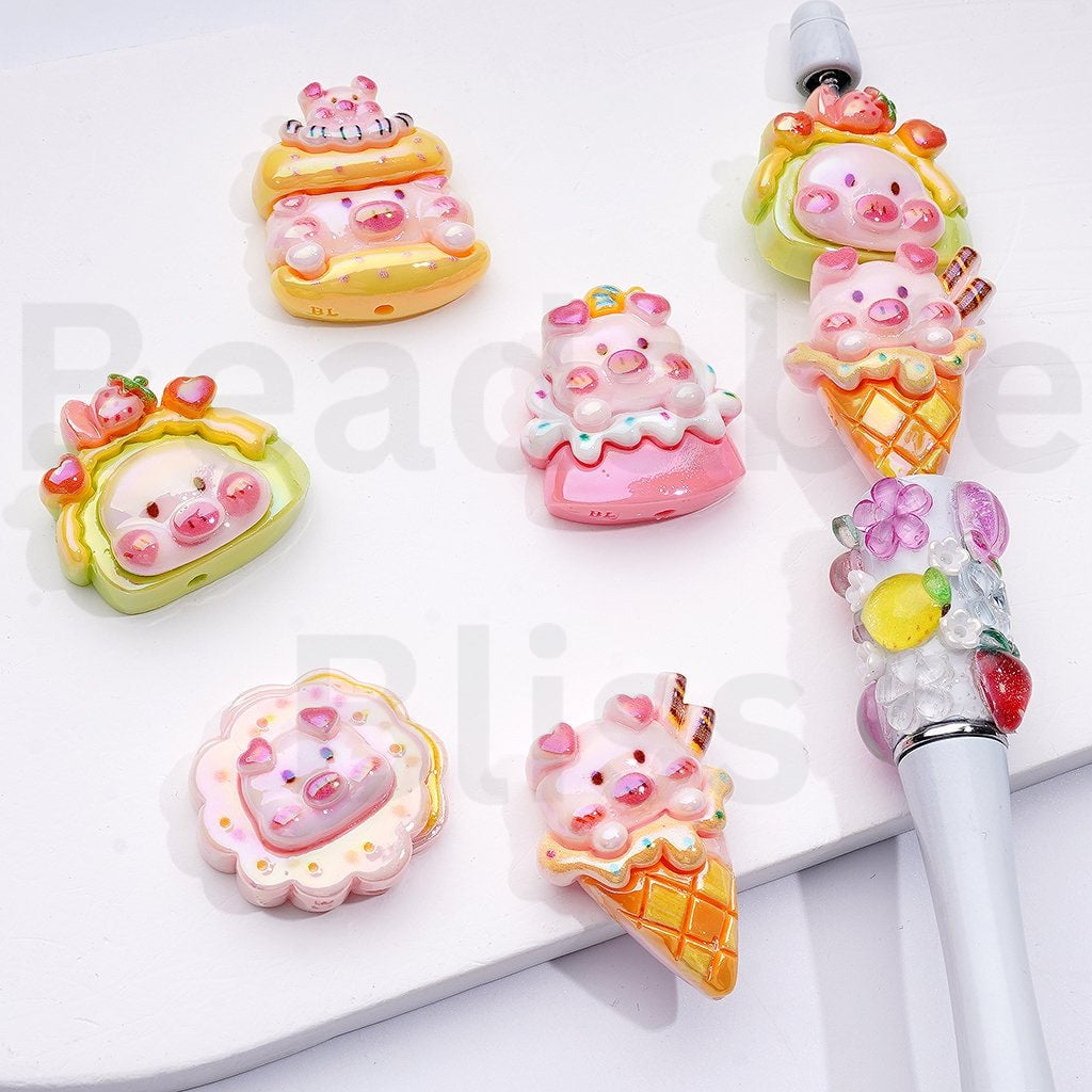 Mini Cute Piglet Yummy Cakes Ice Cream Dessert Pie Burger Acrylic Beads, Around 24*26MM, Random Mix