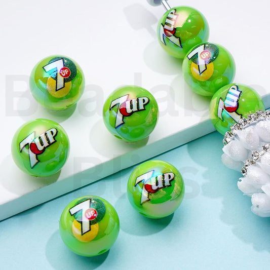 UV Coating Drink Soda Seven U Green Round Acrylic Beads, 16MM, Random Mix