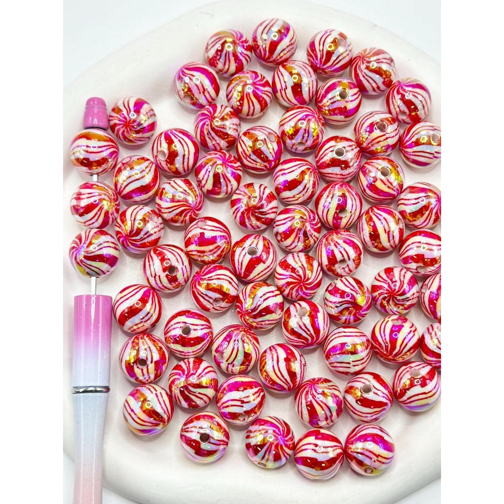 Christmas Red and Green Colorful Striped Lines Round Acrylic Beads,  Random Mix,16MM