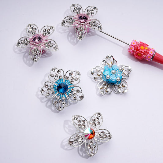 Bling Bling Fancy Silver Alloy Flowers with Mini Clear & Colorful Rhinestones Cute Hearts Butterflies Flowers White Pearls Clay Beads, Around 48MM