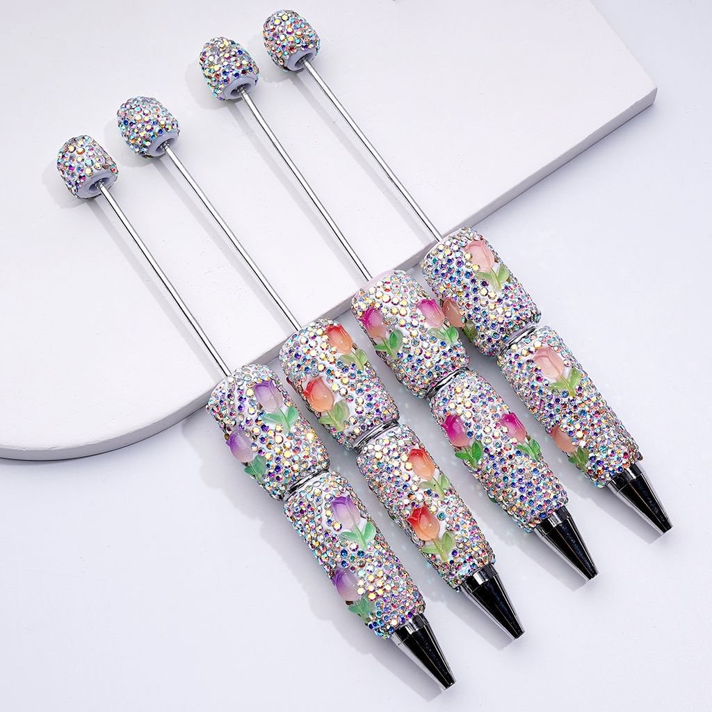 Beadable Clay Pens with Mini Cute Tulip Flowers AB Rhinestones Covered the Entire Pen