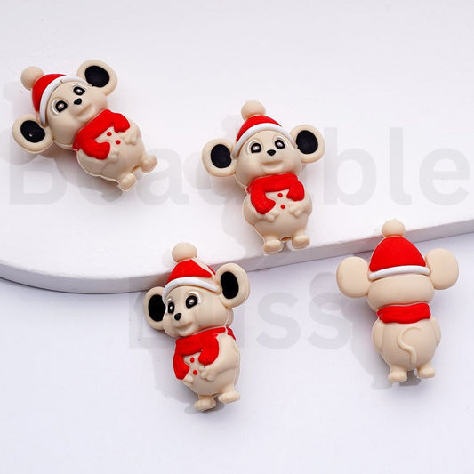 3D Little Cute Mouse with Red Scarf Hat Silicone Focal Beads