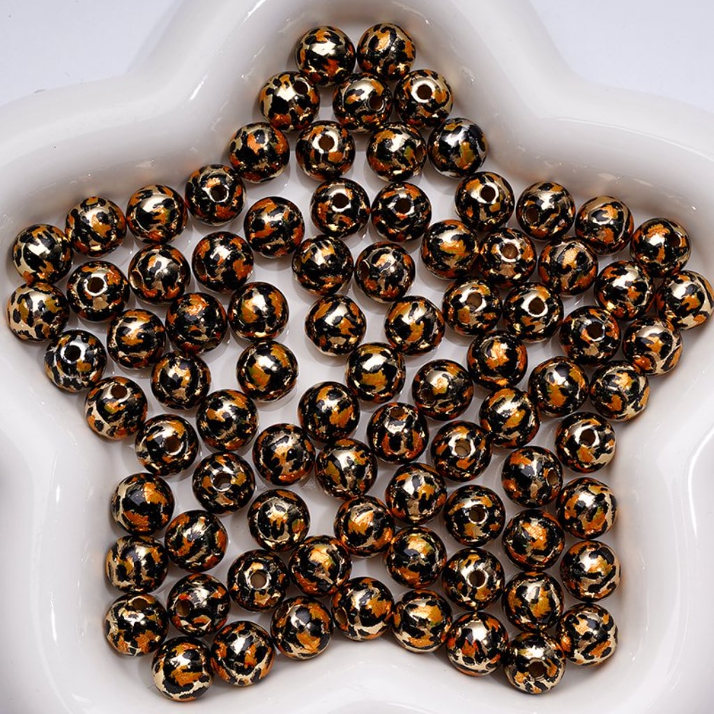 Shiny Glossy Jaguar Prints Silver KC Gold Gold Round Acrylic Beads, 10MM