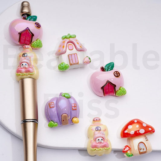 Mini Cute Pumpkin Mushroom Apple House Acrylic Beads, Around 22*22MM, Random Mix