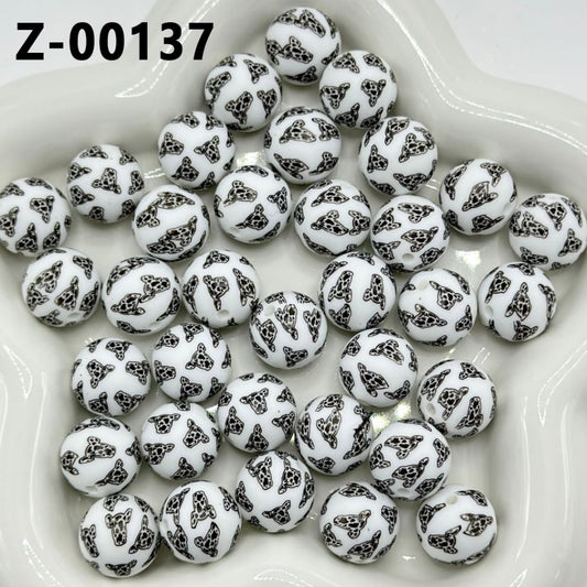 ブラックホワイトの牛の頭の白い丸型プリントシリコンビーズ 15mm、番号 Z-00137