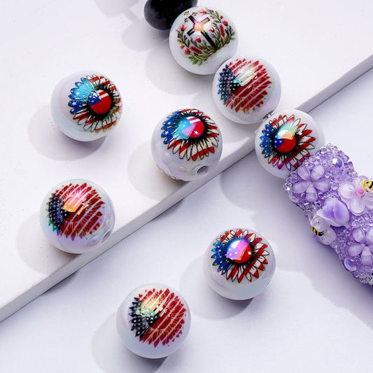 UV Coating USA America National Flag Patriotism Sunflowers White Round Acrylic Beads, 16MM, Random Mix