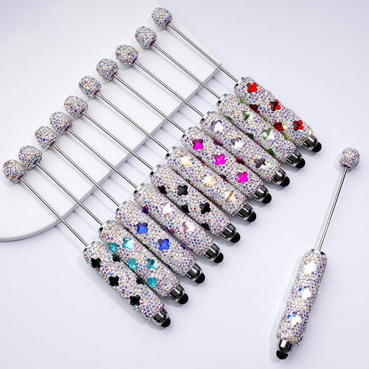 Beadable Clay Stylus Pens with Colorful Four-Petal Flowers & AB Rhinestones Covered the Entire Pen
