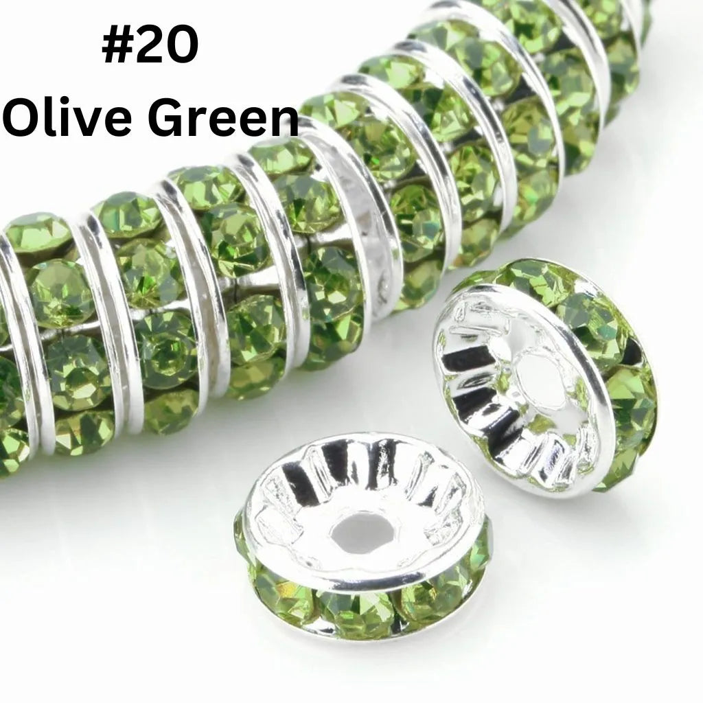 Straight Flat Round Metal Spacers with Rhinestones in Solid Colors, 10mm